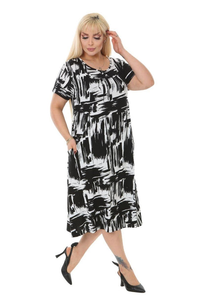 Black Brush Pattern Pocket Short Sleeve Women's Midi Dress - Denoss
