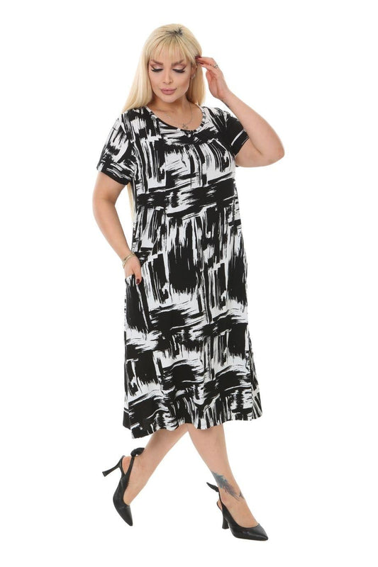 Black Brush Pattern Pocket Short Sleeve Women's Midi Dress - Denoss