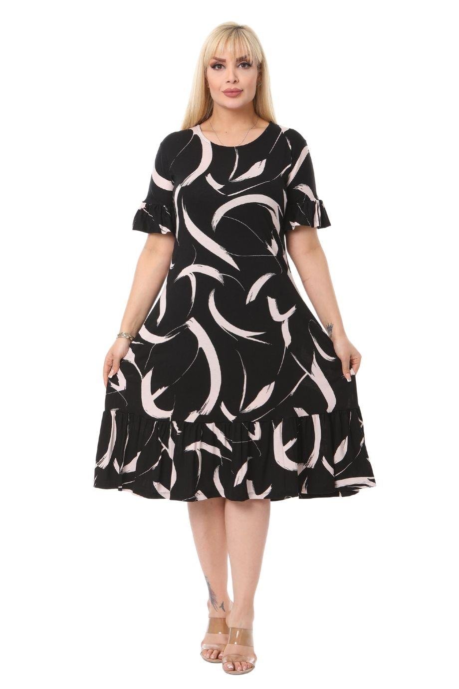 Feather Pattern Pocket Ruffle Short Sleeve Women's Midi Plus Size Dress - Denoss