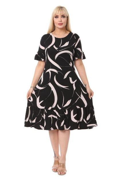 Feather Pattern Pocket Ruffle Short Sleeve Women's Midi Plus Size Dress - Denoss
