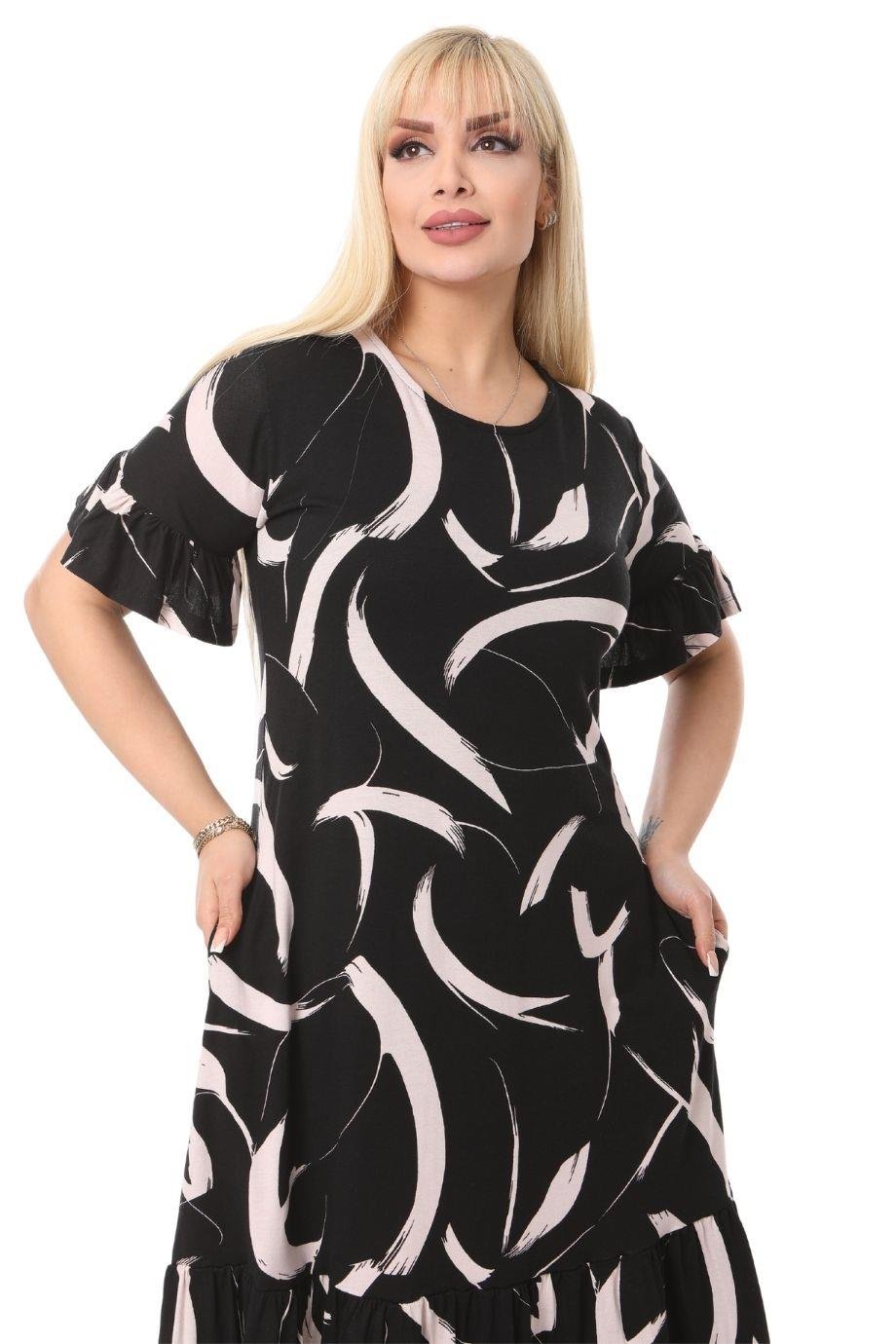 Feather Pattern Pocket Ruffle Short Sleeve Women's Midi Plus Size Dress - Denoss
