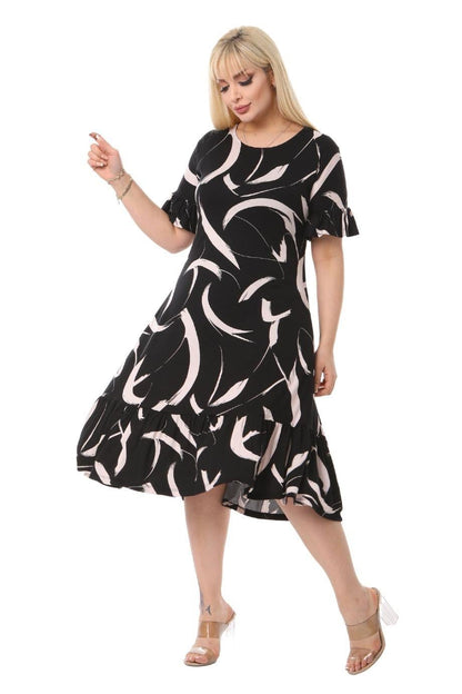 Feather Pattern Pocket Ruffle Short Sleeve Women's Midi Plus Size Dress - Denoss