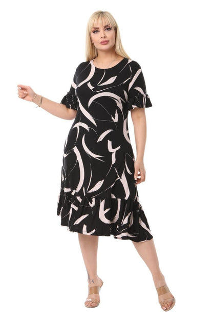 Feather Pattern Pocket Ruffle Short Sleeve Women's Midi Plus Size Dress - Denoss