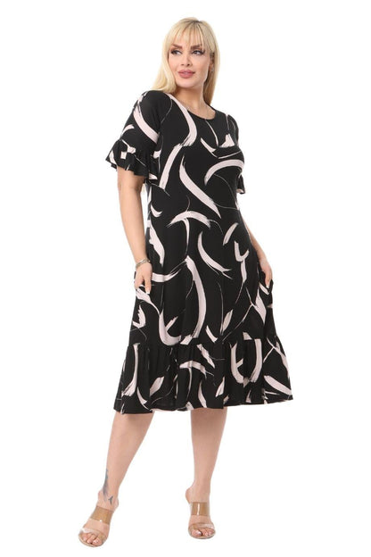 Feather Pattern Pocket Ruffle Short Sleeve Women's Midi Plus Size Dress - Denoss