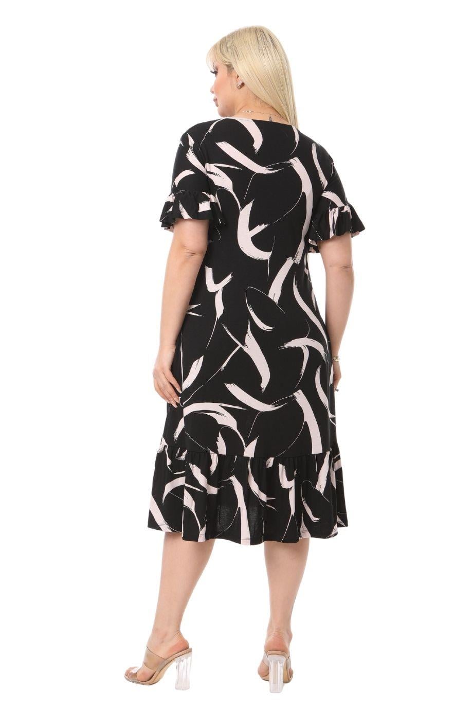 Feather Pattern Pocket Ruffle Short Sleeve Women's Midi Plus Size Dress - Denoss