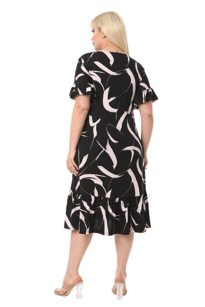 Feather Pattern Pocket Ruffle Short Sleeve Women's Midi Plus Size Dress - Denoss