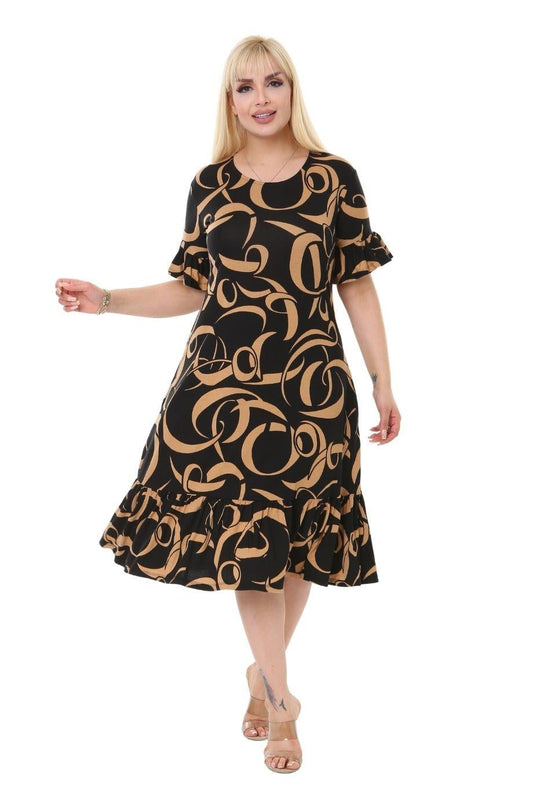 Mink Wave Pocket Ruffle Short Sleeve Women's Midi Plus Size Dress - Denoss