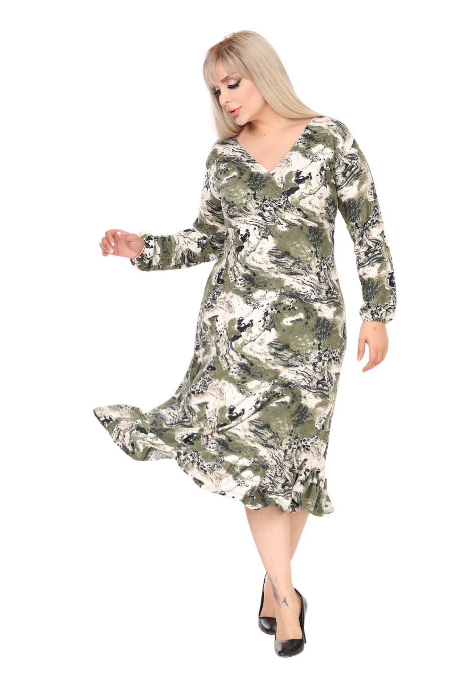 Double Breasted Neck Green Batik Pattern Midi Dress with Ruffle Skirt - Denoss