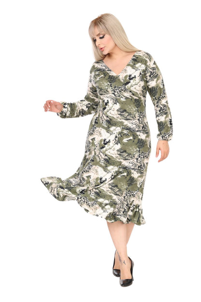 Double Breasted Neck Green Batik Pattern Midi Dress with Ruffle Skirt - Denoss