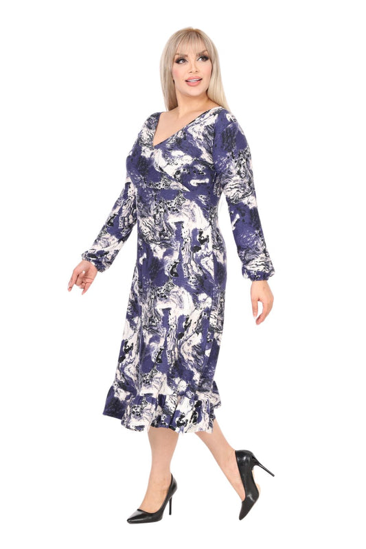 Double Breasted Neck Blue Batik Pattern Midi Dress with Ruffle Skirt - Denoss