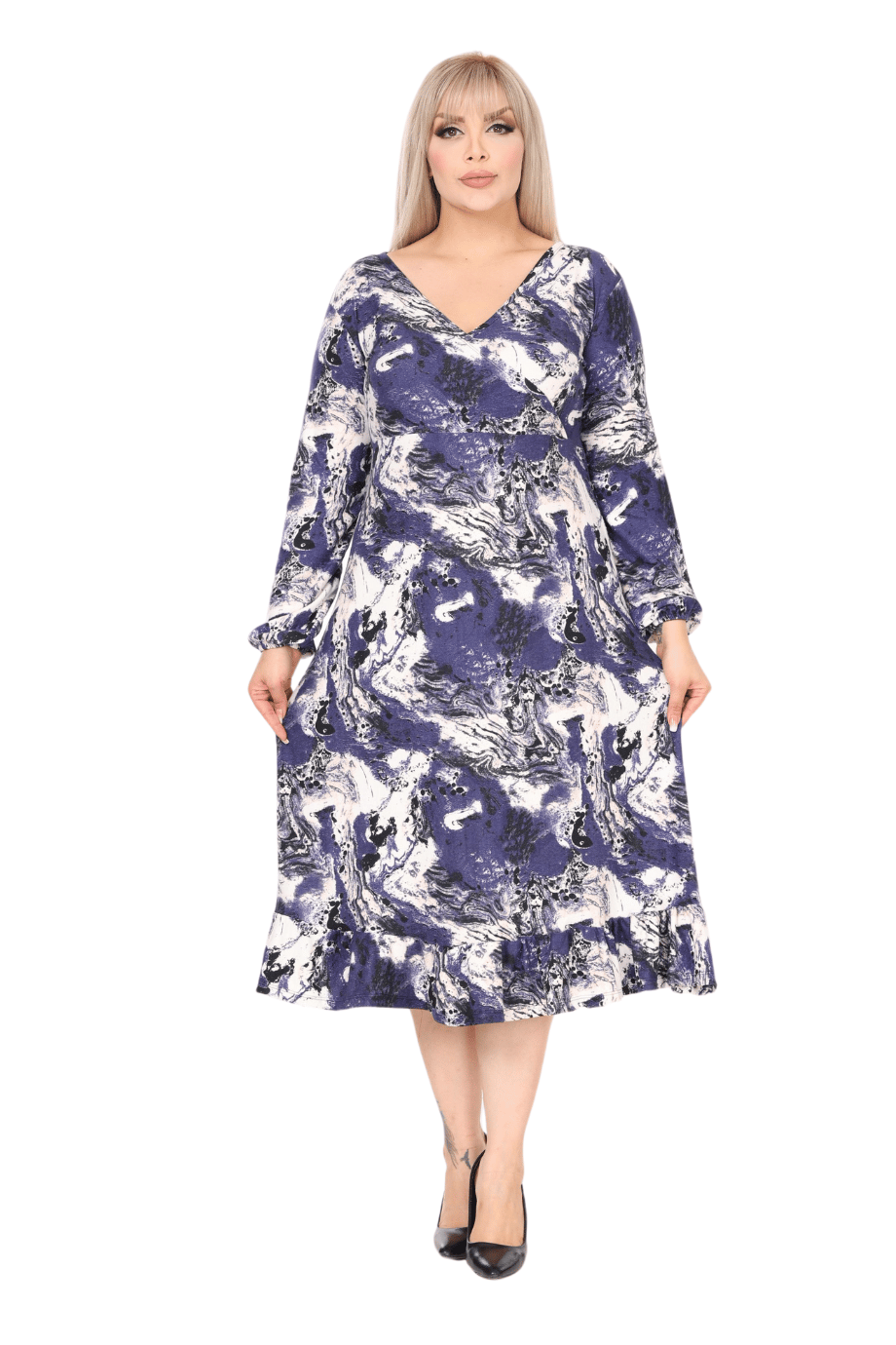 Double Breasted Neck Blue Batik Pattern Midi Dress with Ruffle Skirt - Denoss