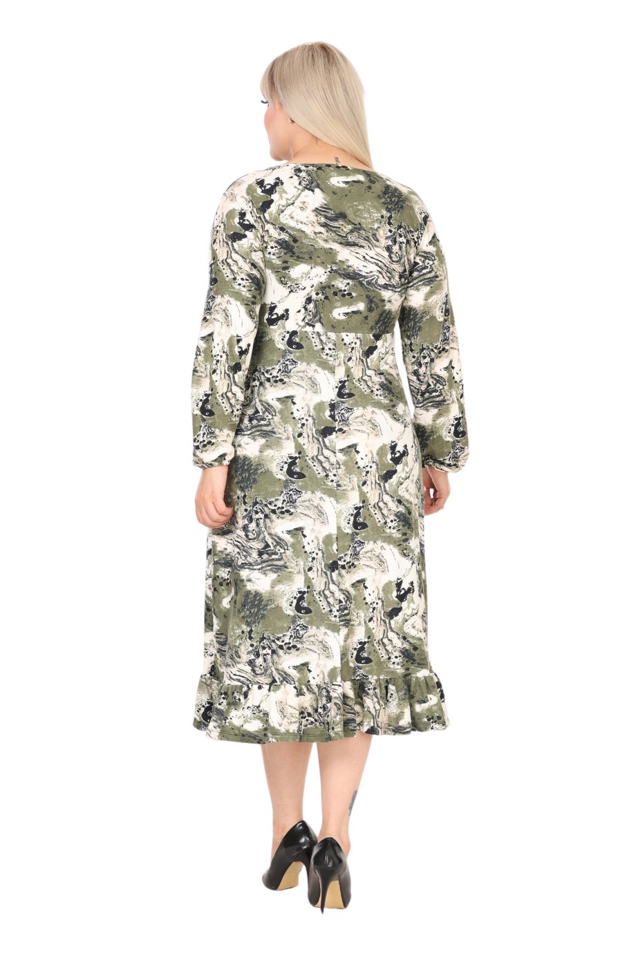 Double Breasted Neck Green Batik Pattern Midi Dress with Ruffle Skirt - Denoss