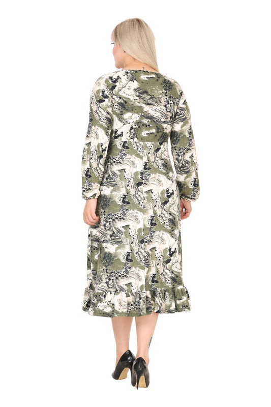 Double Breasted Neck Green Batik Pattern Midi Dress with Ruffle Skirt - Denoss