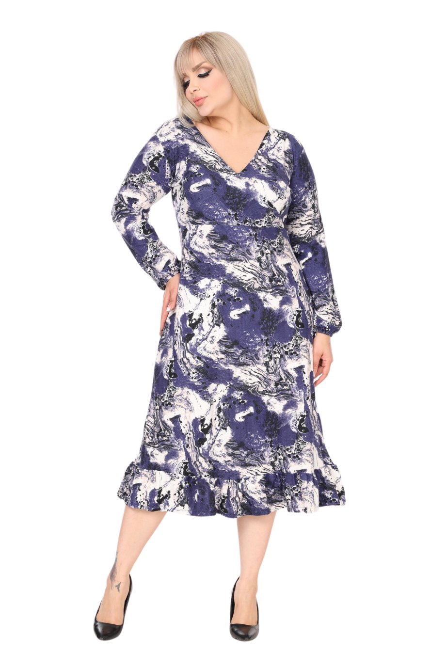 Double Breasted Neck Blue Batik Pattern Midi Dress with Ruffle Skirt - Denoss