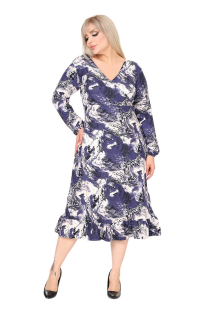 Double Breasted Neck Blue Batik Pattern Midi Dress with Ruffle Skirt - Denoss