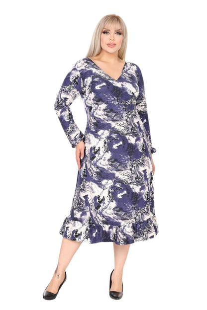 Double Breasted Neck Blue Batik Pattern Midi Dress with Ruffle Skirt - Denoss