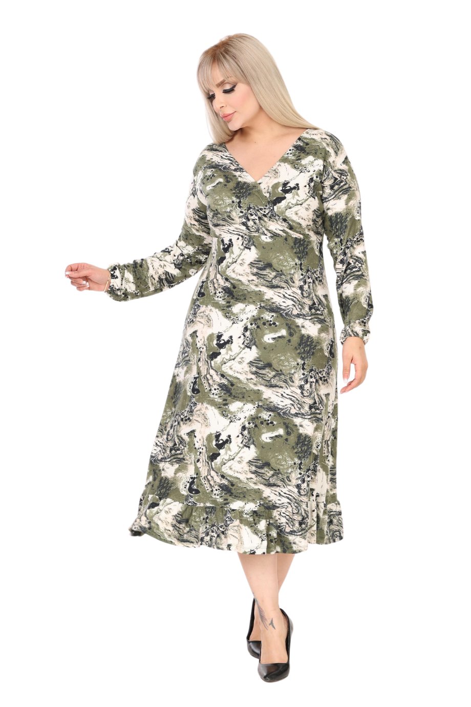 Double Breasted Neck Green Batik Pattern Midi Dress with Ruffle Skirt - Denoss