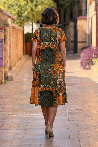 Orange Patch Round Neck Plus Size Dress - Denoss