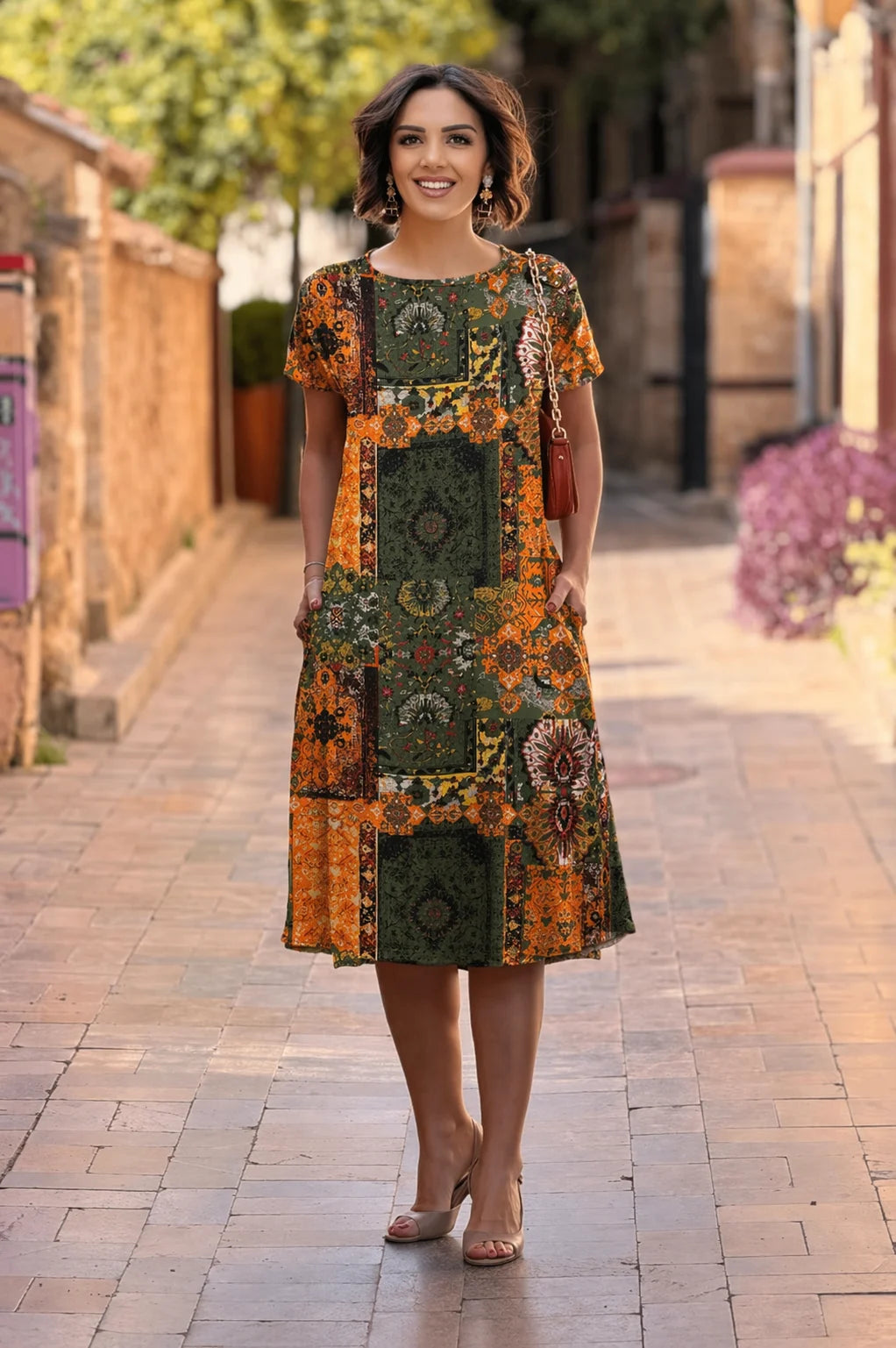 Orange Patch Round Neck Plus Size Dress - Denoss