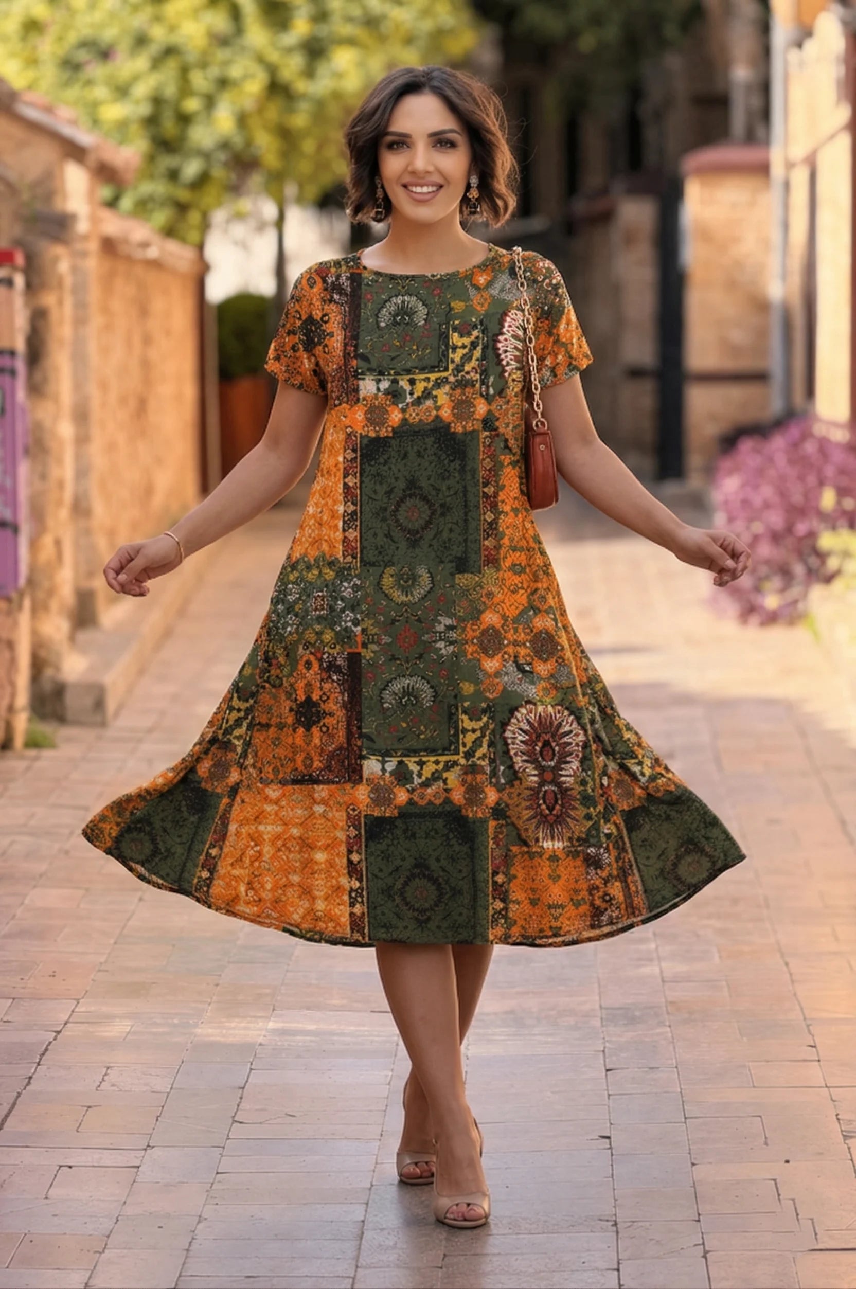 Orange Patch Round Neck Plus Size Dress - Denoss