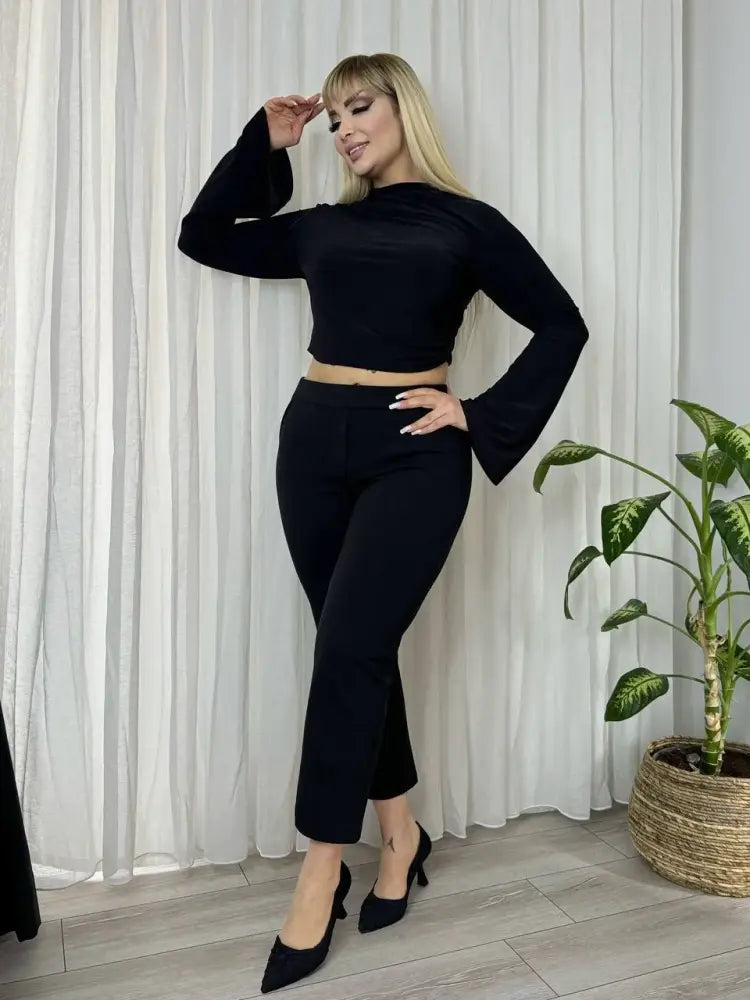 Black High-Waisted Lycra Steel Oversize Interlock Trousers - Denoss