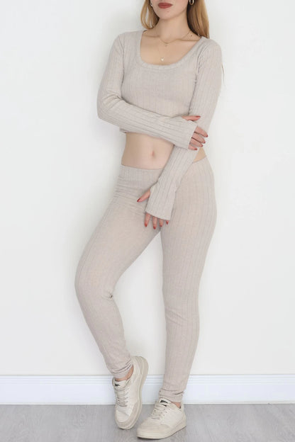 Beige Finger-Cut U-Neck Reported Interlock Set - Denoss