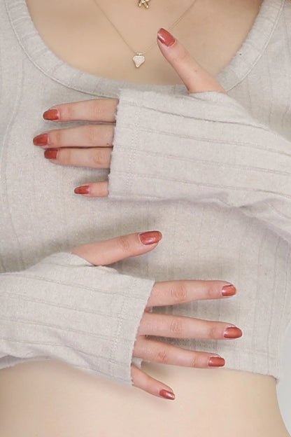 Beige Finger-Cut U-Neck Reported Interlock Set - Denoss