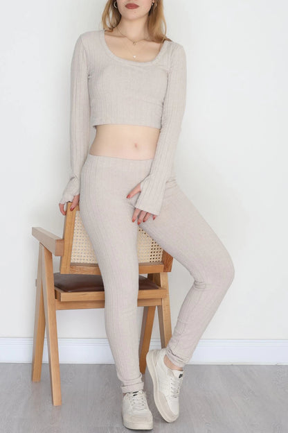 Beige Finger-Cut U-Neck Reported Interlock Set - Denoss