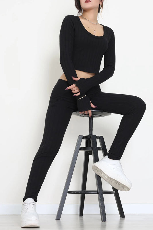 Black Finger-Cut U-Neck Reported Interlock Set - Denoss