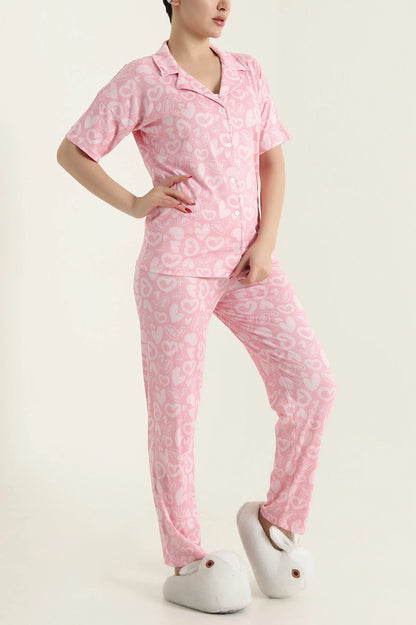 Pink Patterned Women's Pajama Set - Denoss