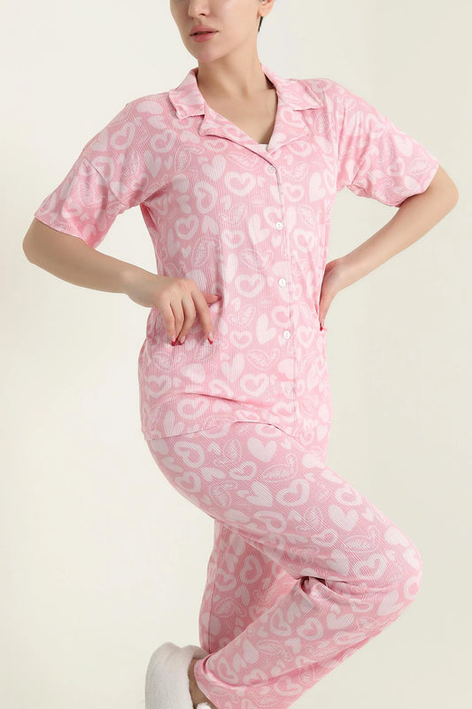Pink Patterned Women's Pajama Set - Denoss