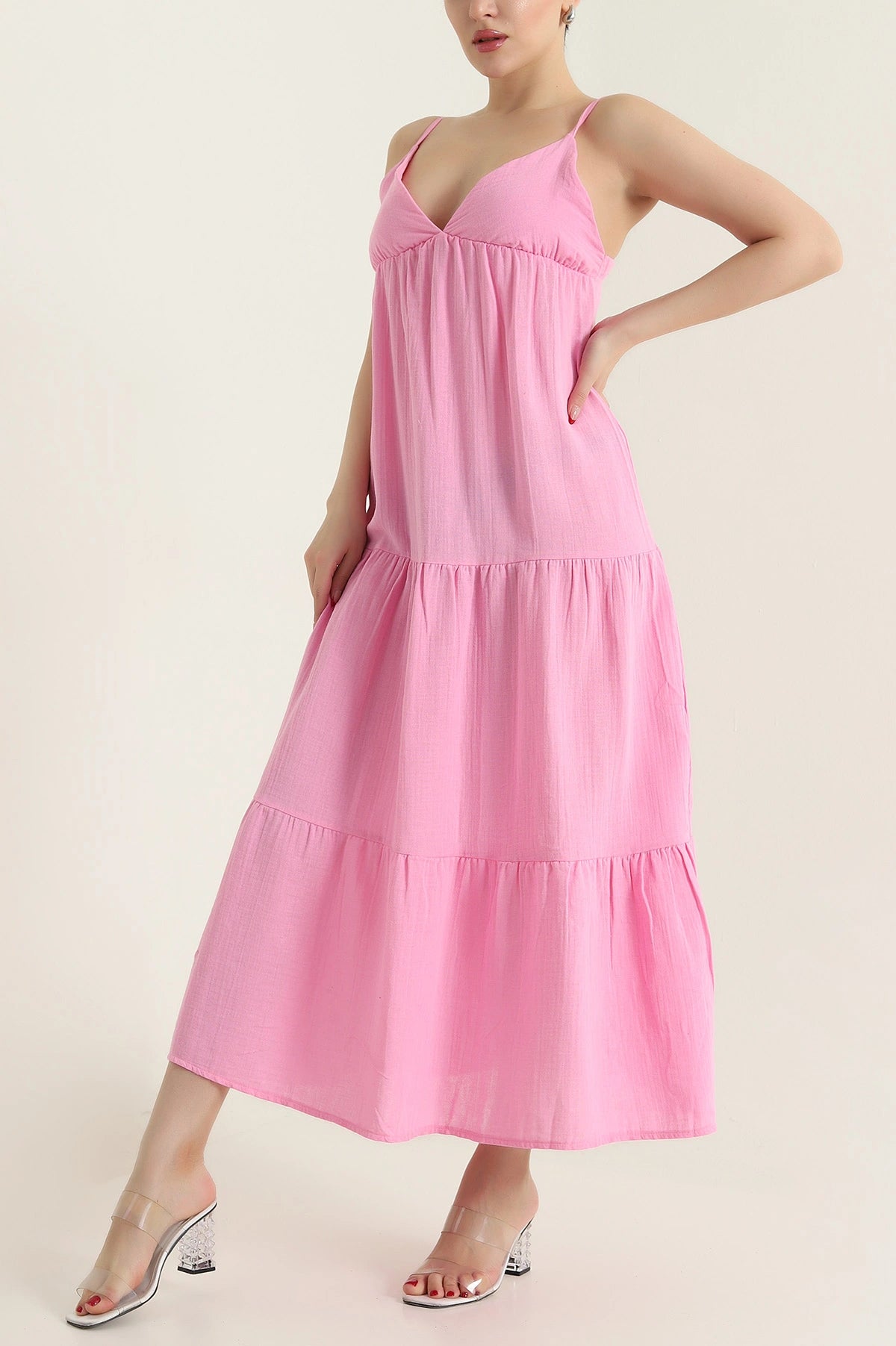 Pink Thread Strap Muslin Linen Women's Dress