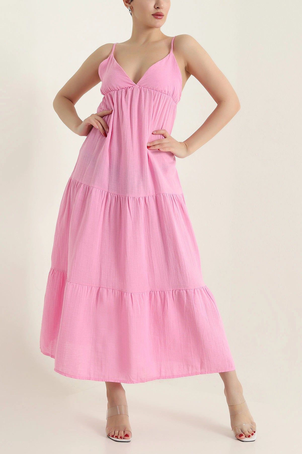 Pink Thread Strap Muslin Linen Women's Dress