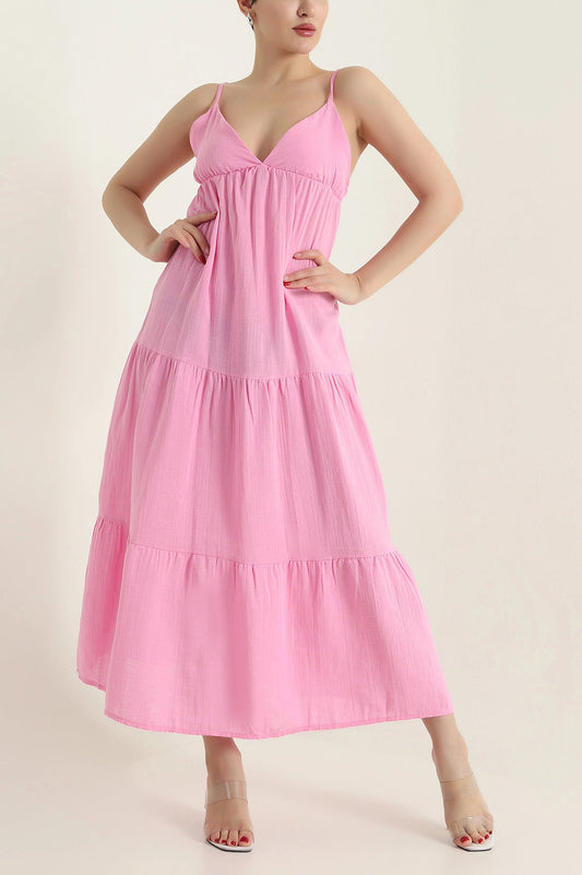 Pink Thread Strap Muslin Linen Women's Dress