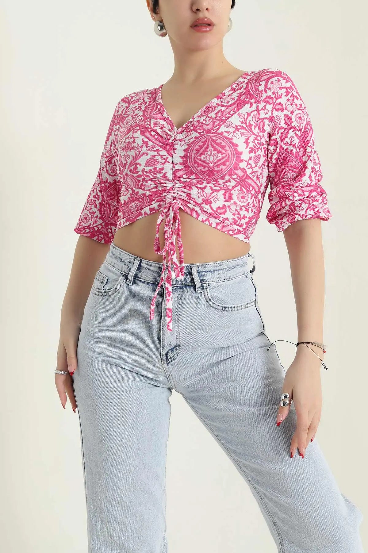 Pink Crinkle Patterned Women's Blouse - Denoss