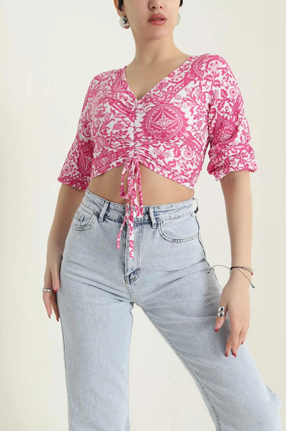 Pink Crinkle Patterned Women's Blouse - Denoss