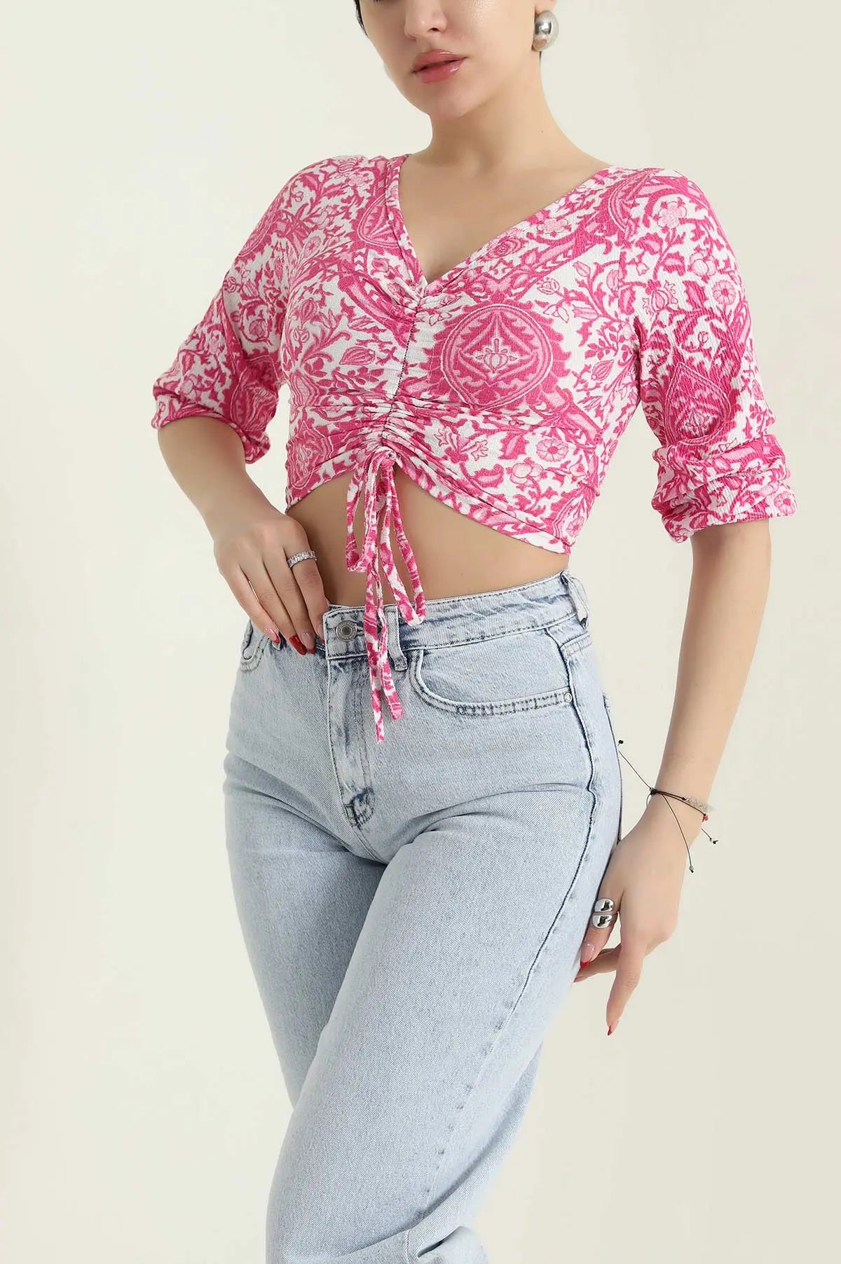 Pink Crinkle Patterned Women's Blouse - Denoss
