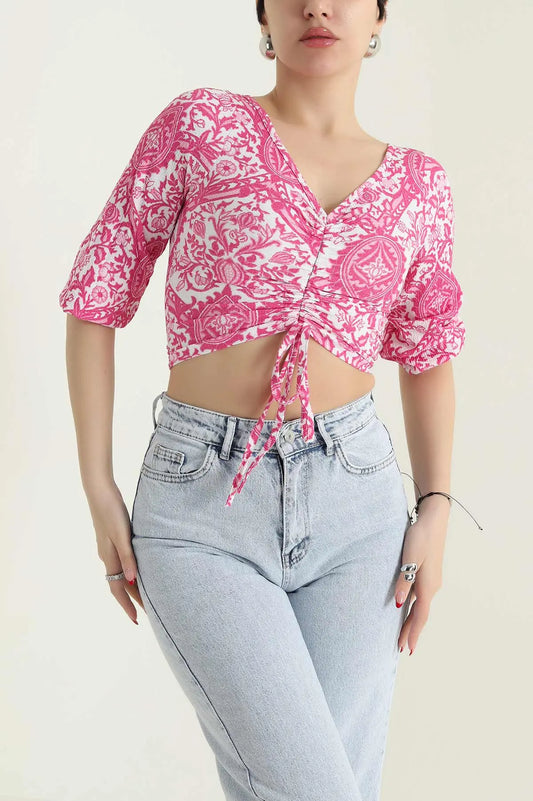 Pink Crinkle Patterned Women's Blouse - Denoss