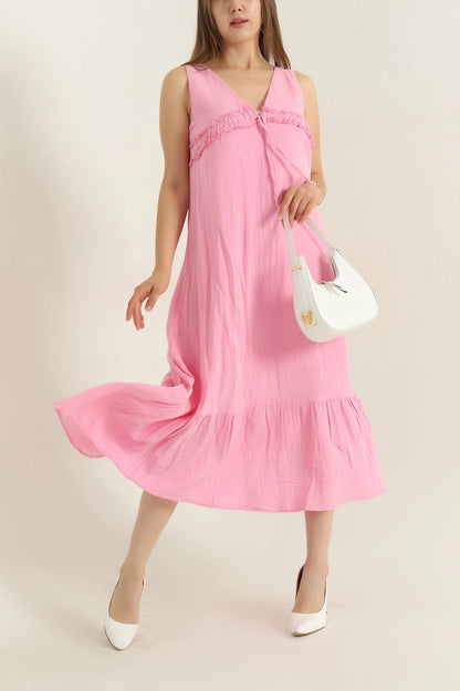 Pink Muslin Linen Lined Women's Dress