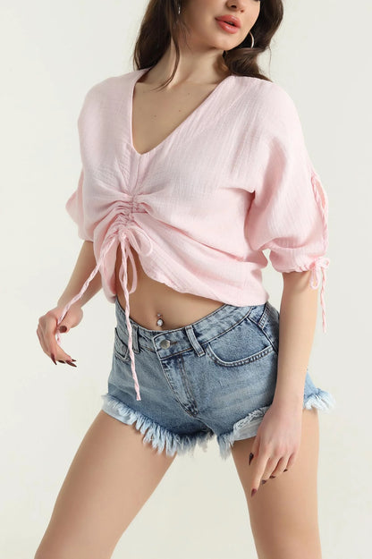 Pink Muslin Linen Women's Blouse - Denoss