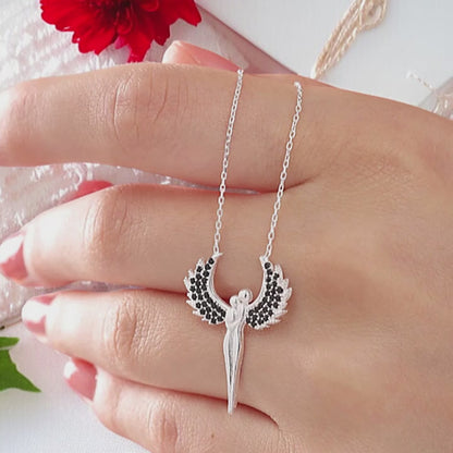 925 Sterling Silver Chain Black Stones Angels Necklace