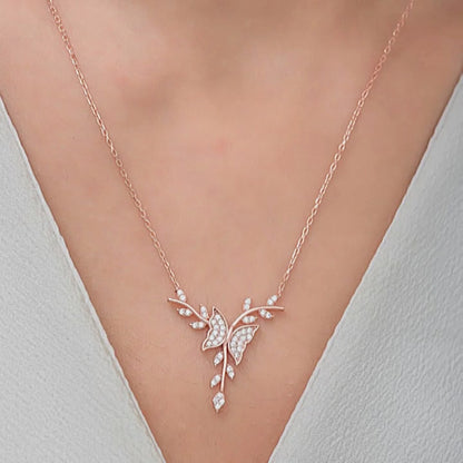 925 Sterling Silver Rosegold Butterfly on a Branch Necklace