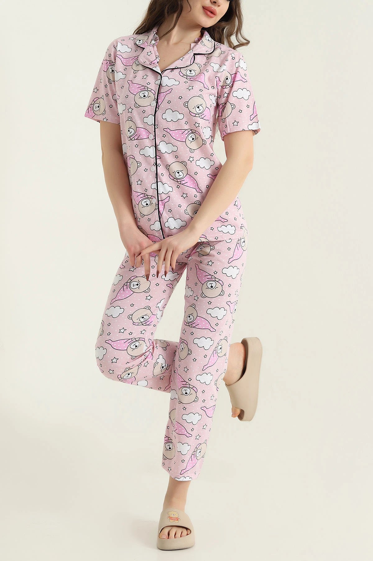 Powder Pink Buttoned Supreme Women's Pajama Set - Denoss