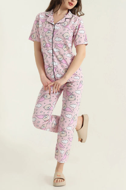 Powder Pink Buttoned Supreme Women's Pajama Set - Denoss