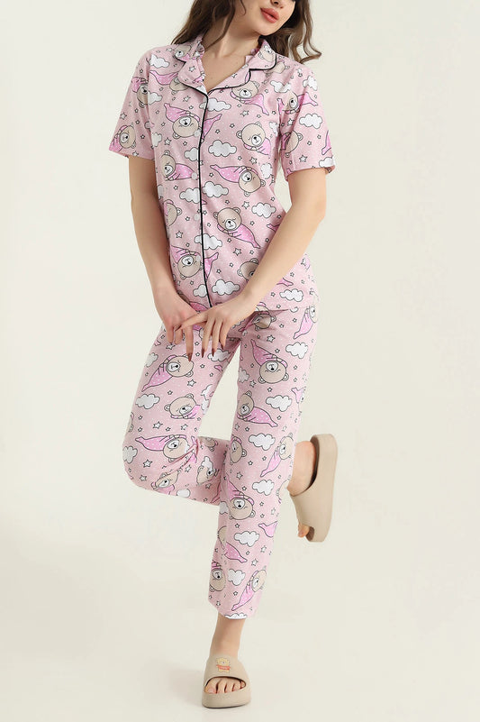 Powder Pink Buttoned Supreme Women's Pajama Set - Denoss