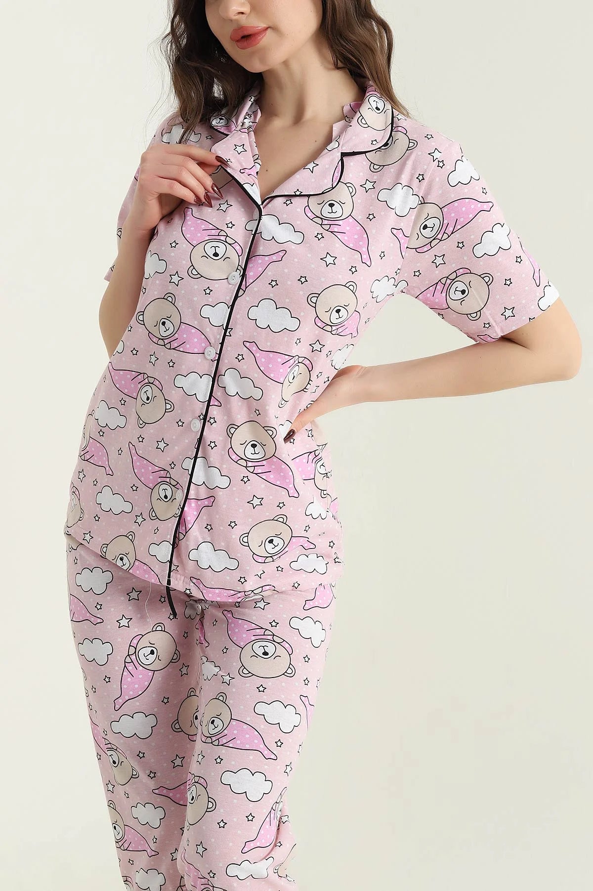 Powder Pink Buttoned Supreme Women's Pajama Set - Denoss
