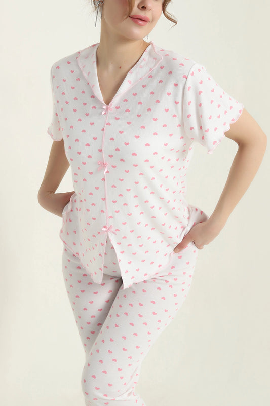 Powder Pink Women's Pajama Set with Bow - Denoss
