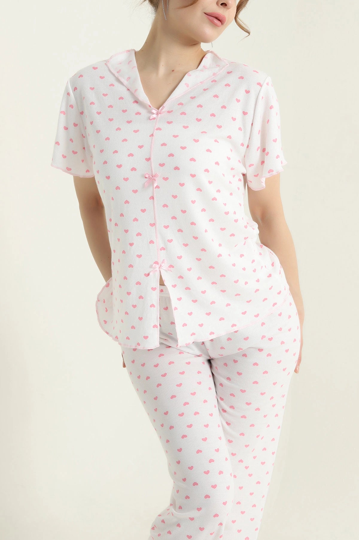 Powder Pink Women's Pajama Set with Bow - Denoss