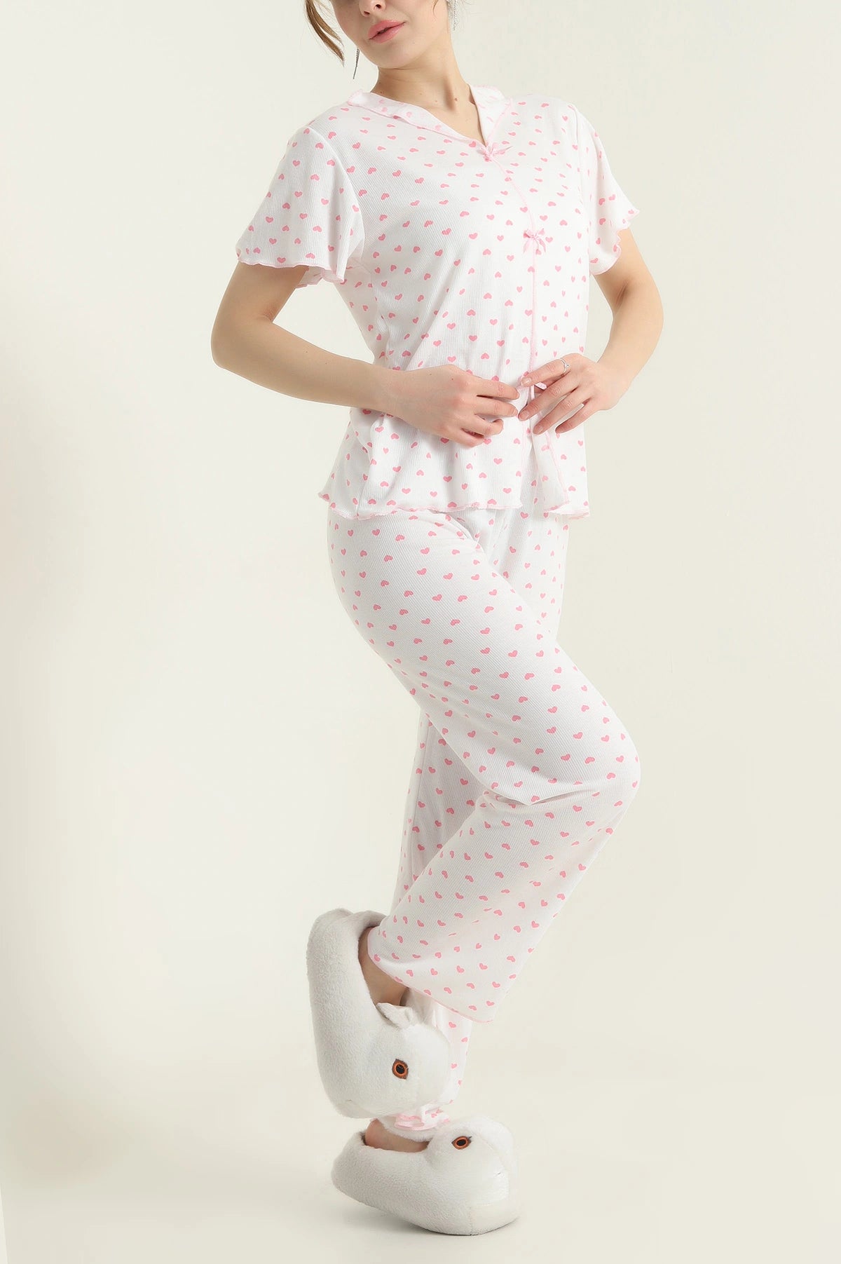 Powder Pink Women's Pajama Set with Bow - Denoss