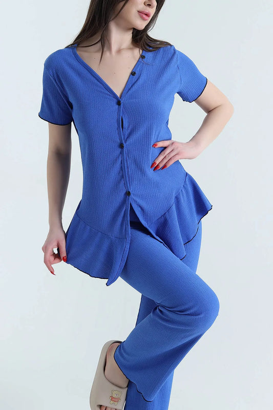 Blue Twill Fabric Buttoned Women's Pajama Set - Denoss